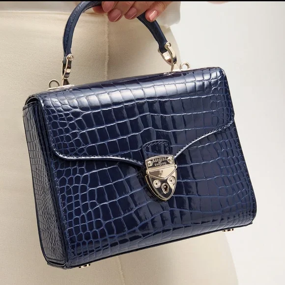 Aspinal of London Midi Mayfair Bag - Patent Croc with Chain Strap - Picture 2 of 5